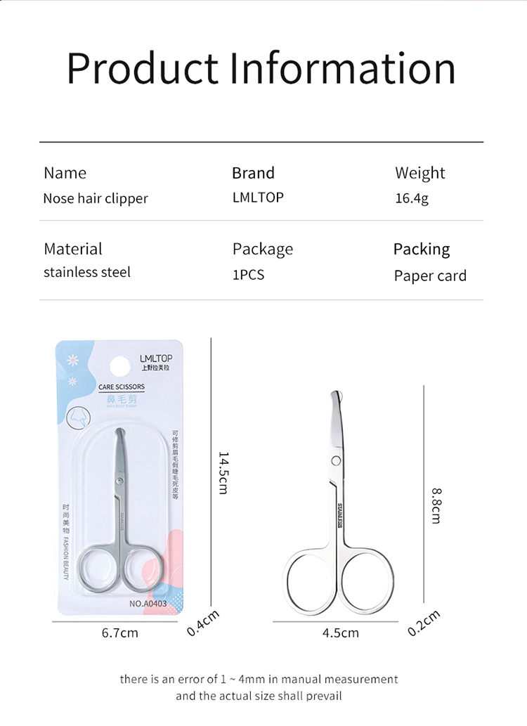 LMLTOP Whosale Beauty Makeup Scissor Hair Eyelash Remover Pointed stainless steel Eyebrow Scissors A0403