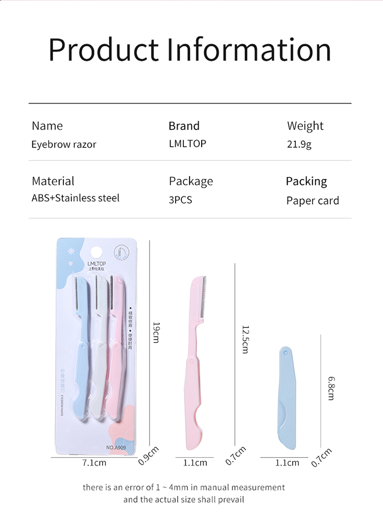Private Label Low Price 3pcs Eyebrow Razors Folding Brow Razor Set For Women Hair Removal Pain Free Eyebrow Trimmer A909