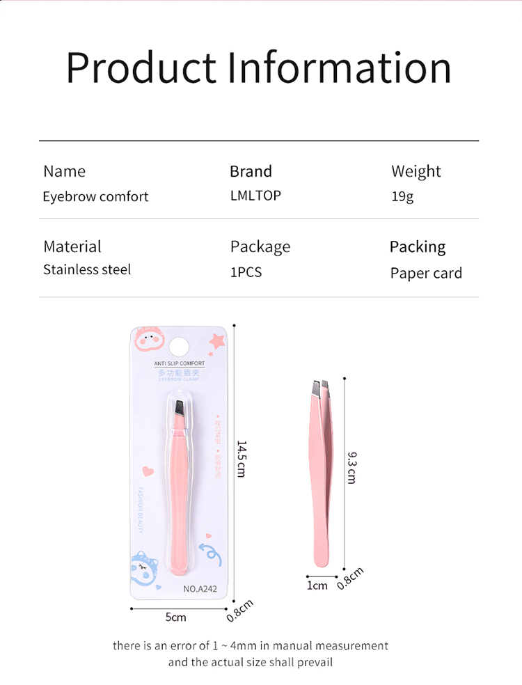 LMLTOP Pink Stainless Steel Eyebrow Tweezers Portable High Quality Oblique Eyelashes Tweezers Plucking Tweezer Professional A242