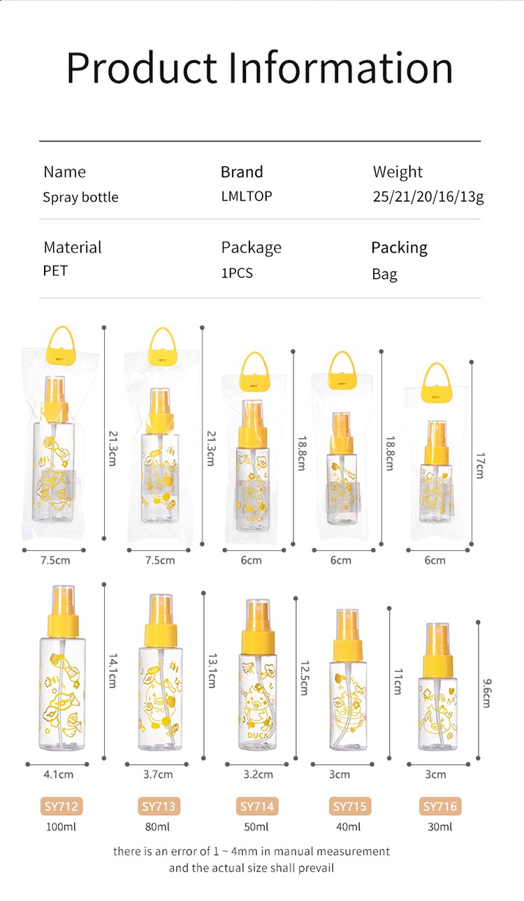 LMLTOP 30 40 50 80 100ml PET Spray Bottle High Quality Empty Bottles Plastic Travel Bottle SY712-SY716