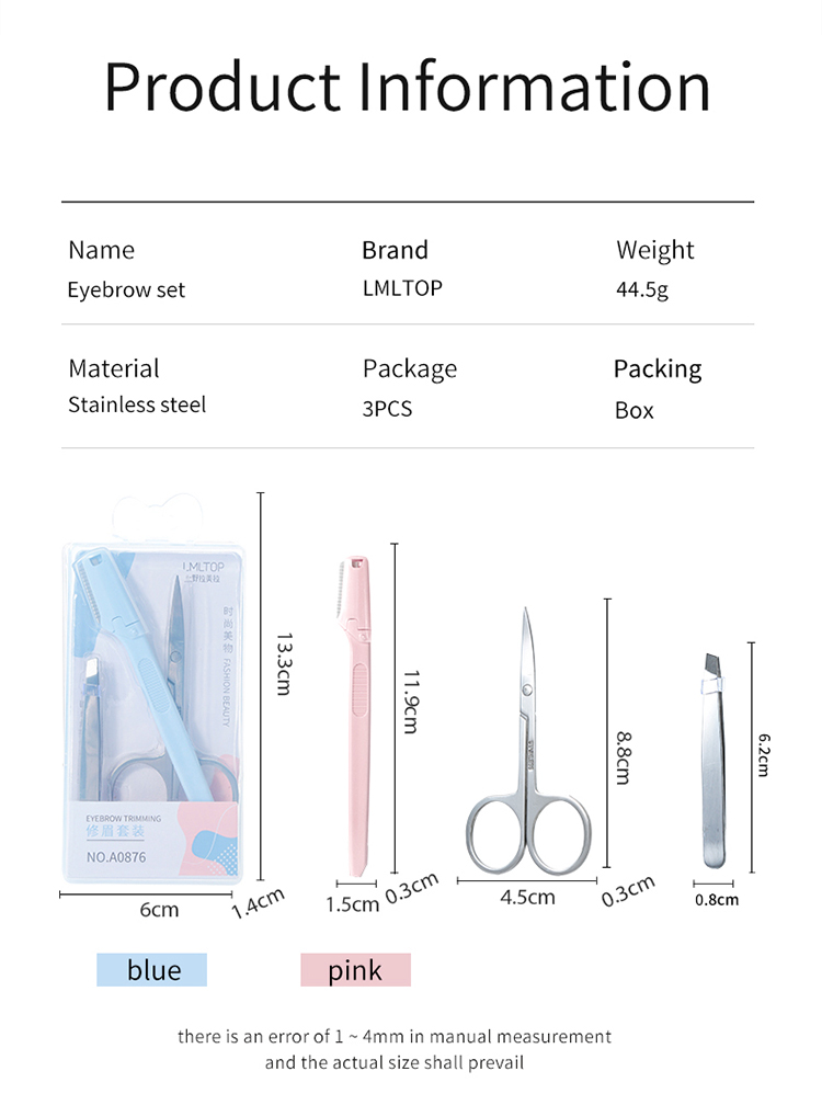LMLTOP 3 In 1 Professional Eye Brow Makeup Tools Women Stainless Steel Face Hair Remover Tweezer Eyebrow Razor Set A0876