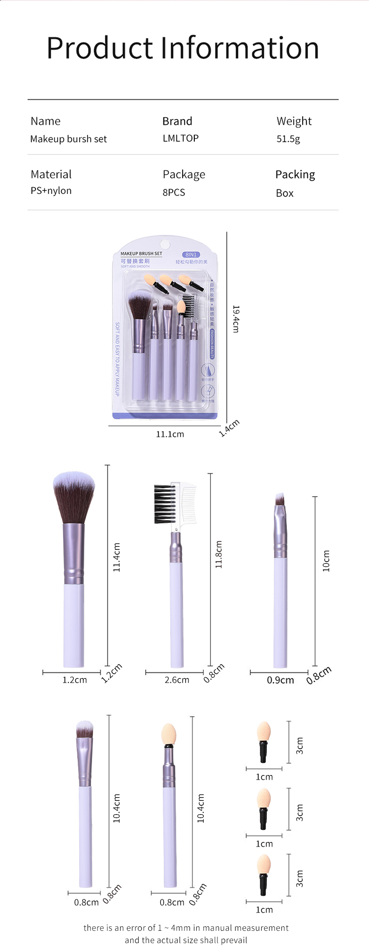 LMLTOP 8pcs Cosmetic Brush Set Professional Lip Eye Make Up Makeup Brush Set Replaceable Eyeshadow Brush L0978