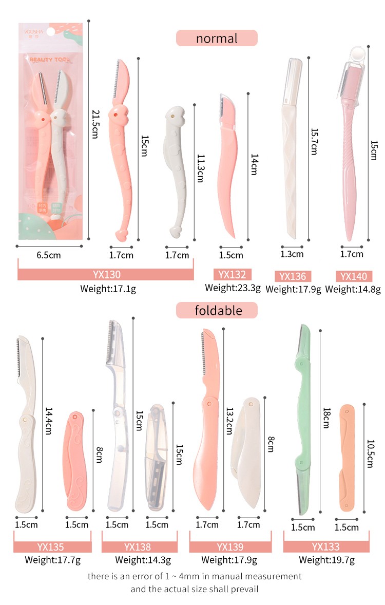 Low MOQ Wholesale Customize Yousha Eyebrow Razor And Facial Razor Foldable Eyebrow Trimmer Fine Mesh Net Blade Edge YX130-YX140