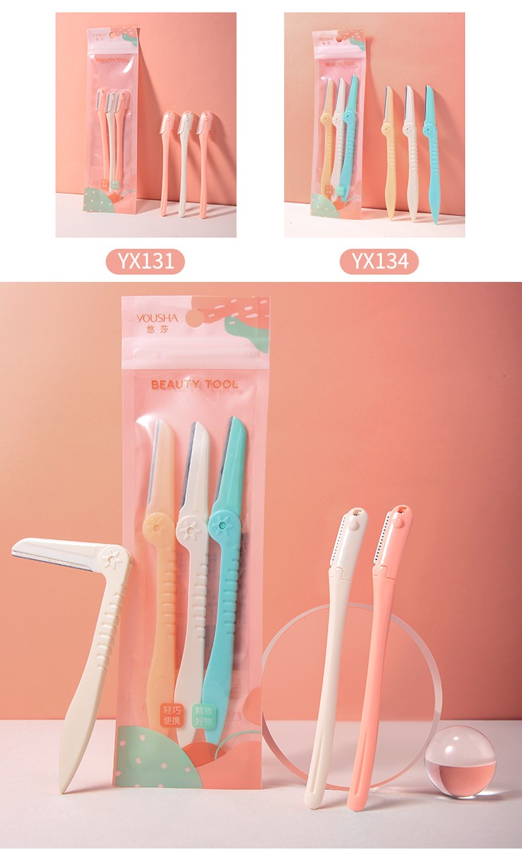 YOUSHA Low Price 3pcs Plastic Foldable Eyebrow Razor Face Razor Long Handle Stainless Steel Blade YX131 YX134