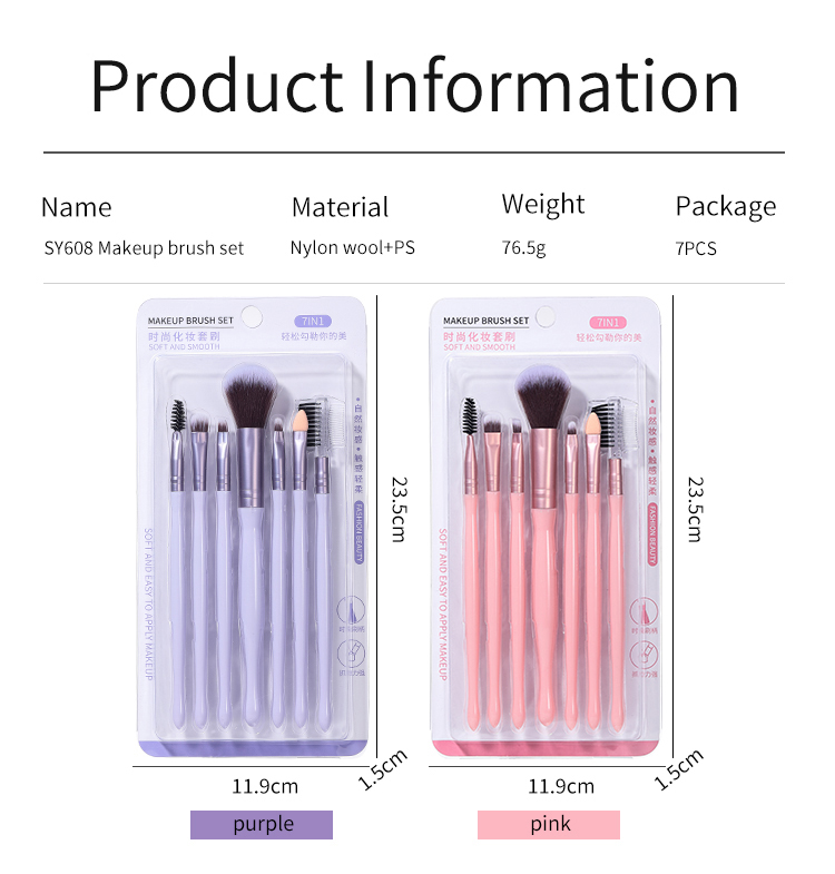 7 IN 1 LMLTOP 7pcs Cosmetics Makeup High Quality Nylon Wool Makeup Brush Set Plastic Handle Private Label Customizable Logo SY608