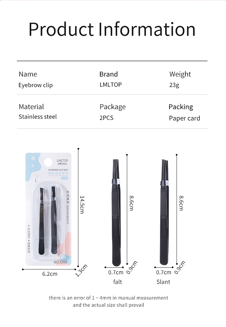 LMLTOP Wholesale 2pcs Customized Logo Packaging Stainless Steel Slanted Flat Black Slanted Eyebrow Eyelash Tweezers A206 1 buyer