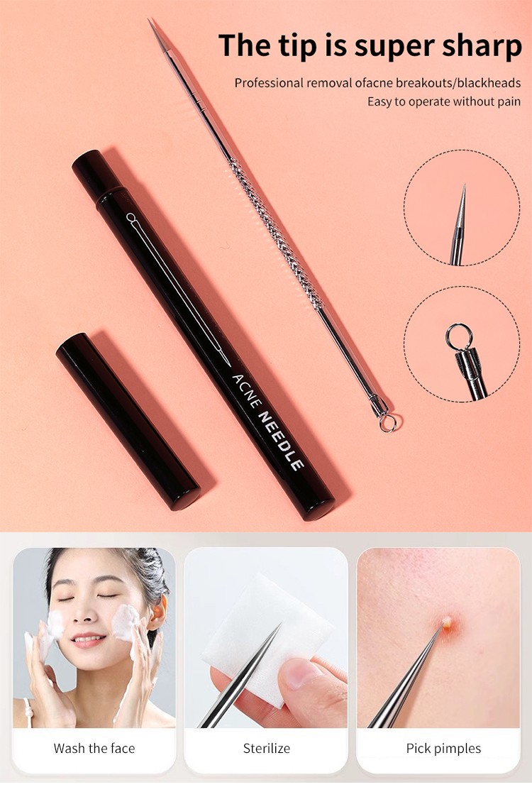 Private Label Acne Needle Facial Skin Care Pimple Extractor Stainless Steel Blackhead Remover Tool With Individual Box B0742