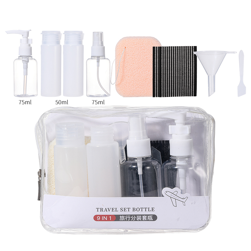 LMLTOP Manufacturer 9pcs/pack Cute Cosmetic Tools wash face sponge&Travel Empty Bottle Plastic Bottle Set SY724