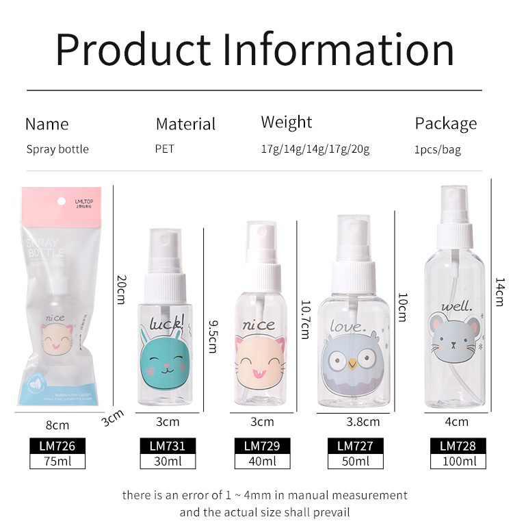 Lameila 75ml Pet Sprayer Empty Bottles Perfume Alcohol Fine Mist Alcohol Travel Pocket Plastic Empty Bottle Lm726