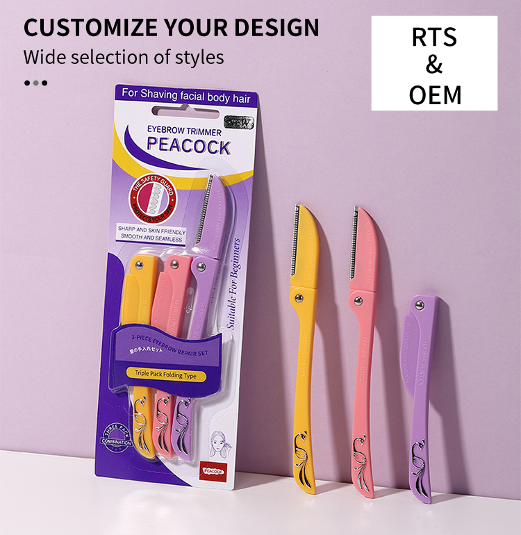 New 3pcs Foldable Hair Shaver Stainless Steel Eyebrow Razors Trimmer Macro Protective Net Blade Peacock pattern Eyebrow Makeup