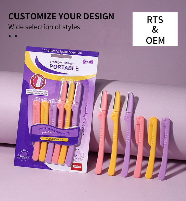 6pcs Foldable Stainless Steel Eyebrow Razors Trimmer Macro Protective Net Blade Sharp Facial Hair Removal Eyebrow Knife Set UU03