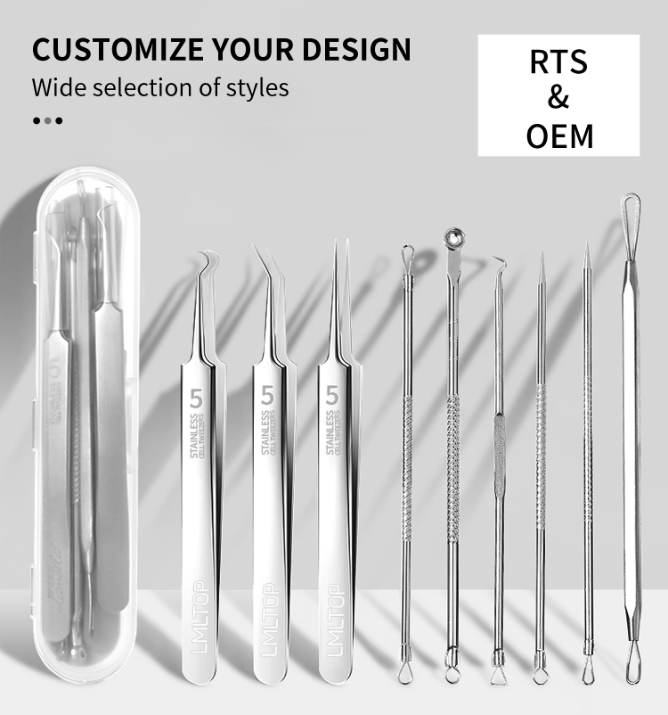 LMLTOP 9PCS Ultra-Fine Cell Pimple Blackhead Clip Tweezers Stainless Steel Face Treatment Kit Acne Needle Blackhead Pimple YY668
