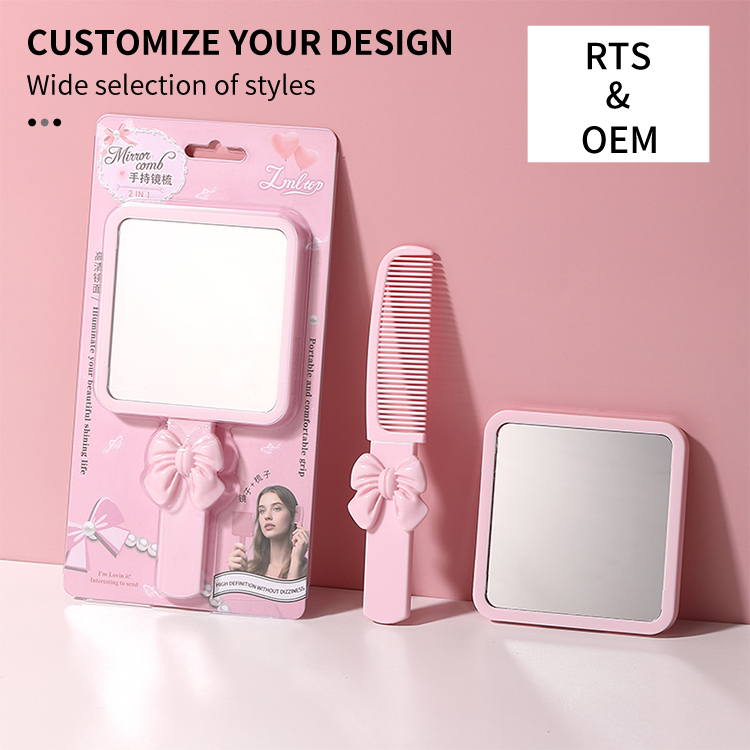 Wholesale Portable Plastic Square Shape HandHeld Cosmetic Mirror Small Pink Makeup Mirror for Girls Gift With Hair Comb SY778