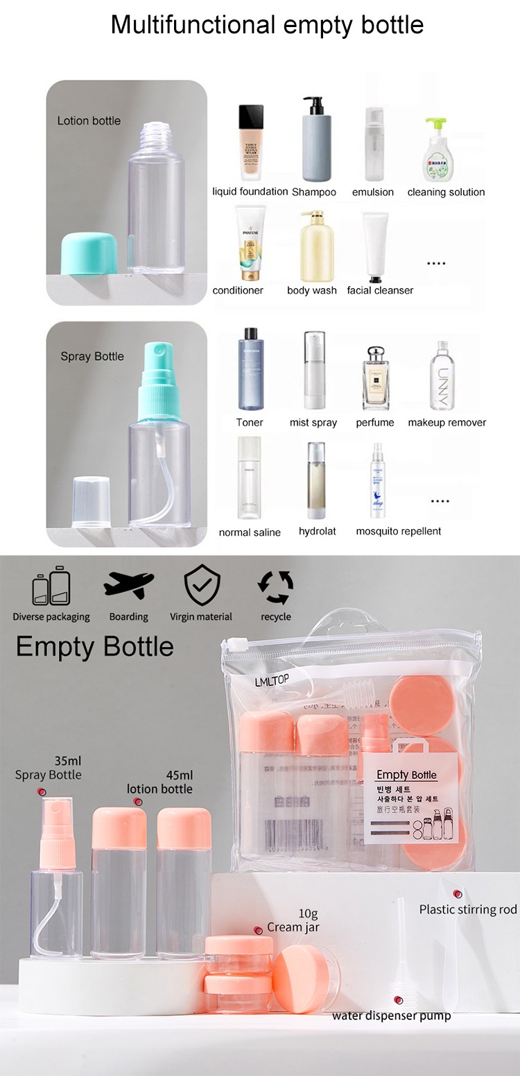 Wholesale Mini Travel Bottle Set 8in1 Empty Travel Bottles Leak Proof Cosmetic Liquid Dispenser with Spray Pump