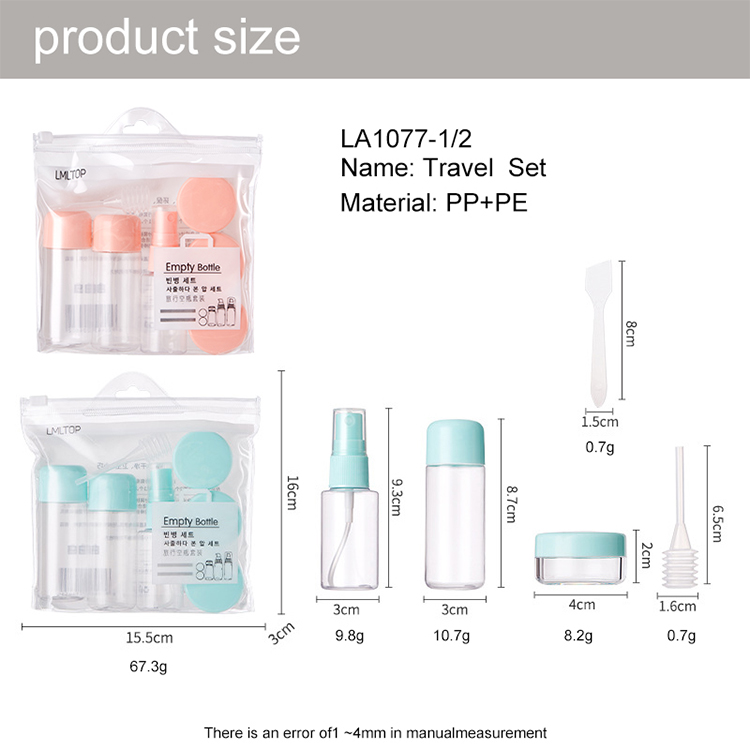 Wholesale Mini Travel Bottle Set 8in1 Empty Travel Bottles Leak Proof Cosmetic Liquid Dispenser with Spray Pump