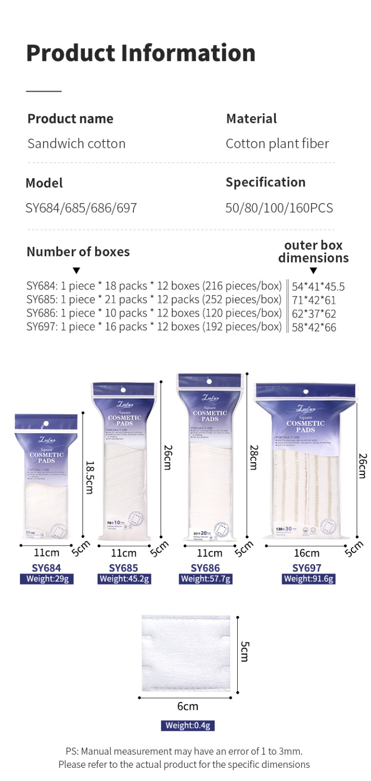 OEM Factory Hot Selling SPA Non-woven Cotton Pad Natural Facial Cleaning Pads for Beauty Salon Disposable Pads for Makeup Use SY684-SY686