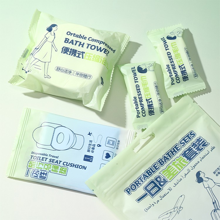 UUKKG 4pcs Hotel Travel Essentials Pearl pattern Non-woven Compressed Towel Bath Towel Toilet Cover Disposable Hygiene Kit SY784