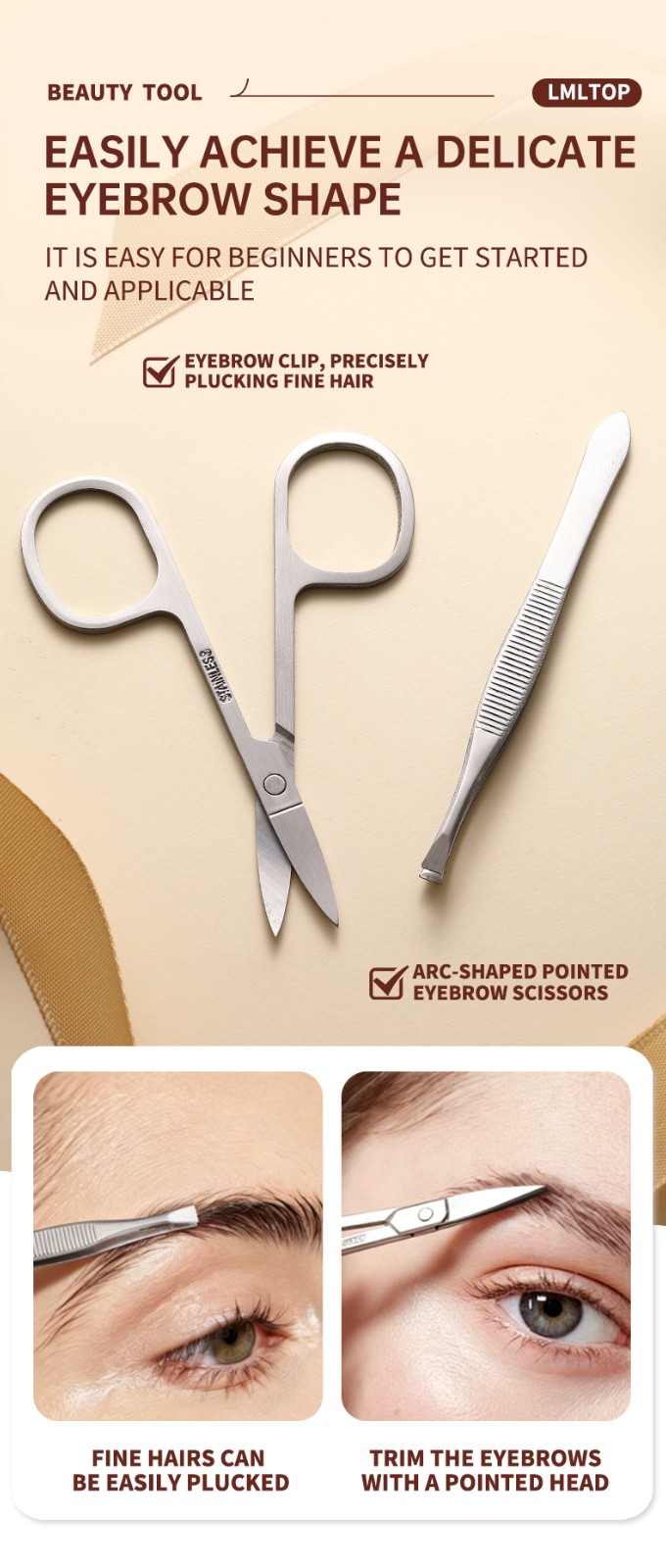 LMLTOP Eyebrow Razor Stainless steel Beauty Scissors Comb Set Tweezers Kit for Precise Shaping US14