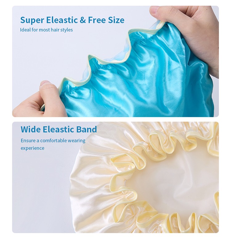 LMLTOP Customized Adjustable EVA Lined Cloth Spa Hotel Travel Bath Cap Double Layer Waterproof Satin Shower Cap JJF40