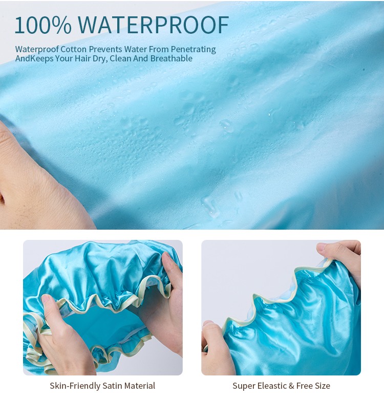 LMLTOP Customized Adjustable EVA Lined Cloth Spa Hotel Travel Bath Cap Double Layer Waterproof Satin Shower Cap JJF40