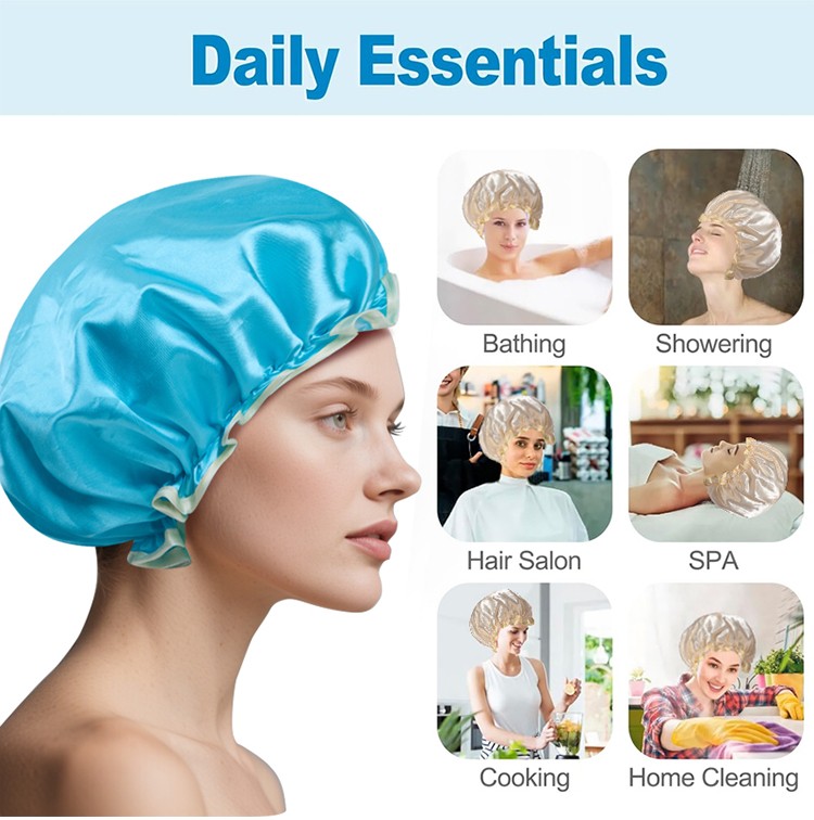 LMLTOP Customized Adjustable EVA Lined Cloth Spa Hotel Travel Bath Cap Double Layer Waterproof Satin Shower Cap JJF40