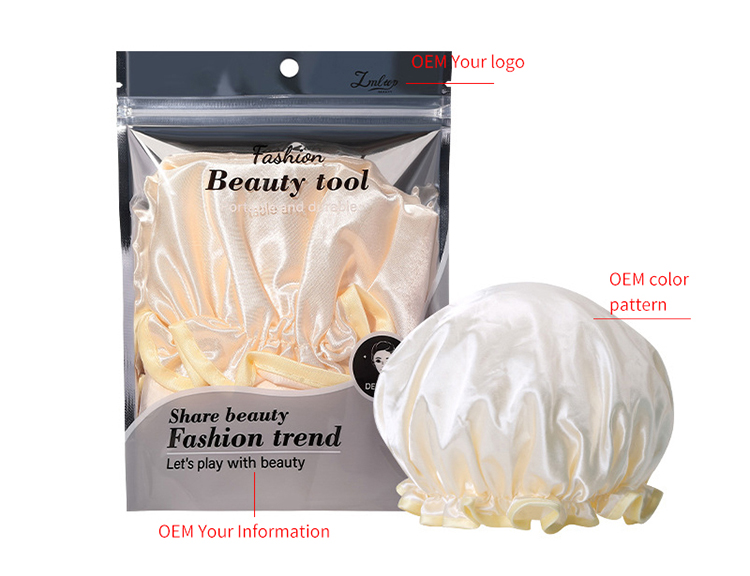 LMLTOP Customized Adjustable EVA Lined Cloth Spa Hotel Travel Bath Cap Double Layer Waterproof Satin Shower Cap JJF40