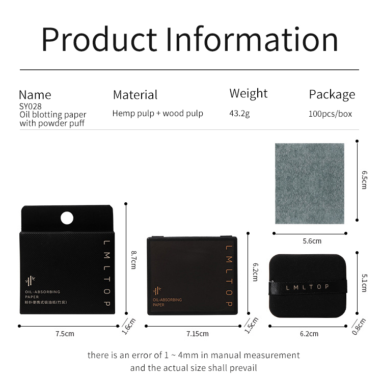 LMLTOP 100pcs OEM ODM Facial Bamboo Charcoal Oil Absorbing Sheets for Face Mirror Case With Puff Cosmetic Oil Blotting Paper