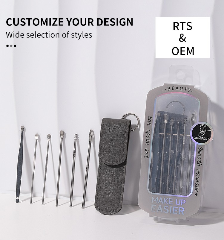 LMLTOP Plastic 6 PCS Reusable Safe Ear Picking Tool PU Bag JJF29 OEM Ear Scoop Cleanser Ear Wax Removal Cleaning Kit