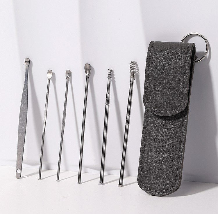 LMLTOP Plastic 6 PCS Reusable Safe Ear Picking Tool PU Bag JJF29 OEM Ear Scoop Cleanser Ear Wax Removal Cleaning Kit