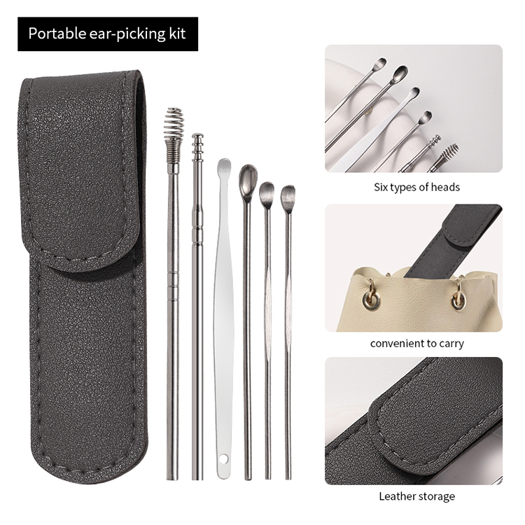 LMLTOP Plastic 6 PCS Reusable Safe Ear Picking Tool PU Bag JJF29 OEM Ear Scoop Cleanser Ear Wax Removal Cleaning Kit