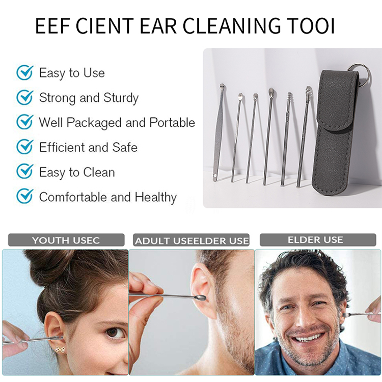 LMLTOP Plastic 6 PCS Reusable Safe Ear Picking Tool PU Bag JJF29 OEM Ear Scoop Cleanser Ear Wax Removal Cleaning Kit