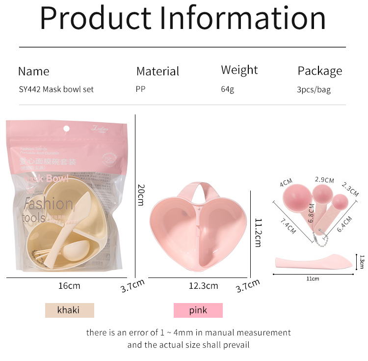 LMLTOP 3pcs Heart Shape Beauty Spa Plastic Face Mask Mixing Bowl With Spoon Spatula SY442 DIY Cosmetic Facial Mask Bowl Set