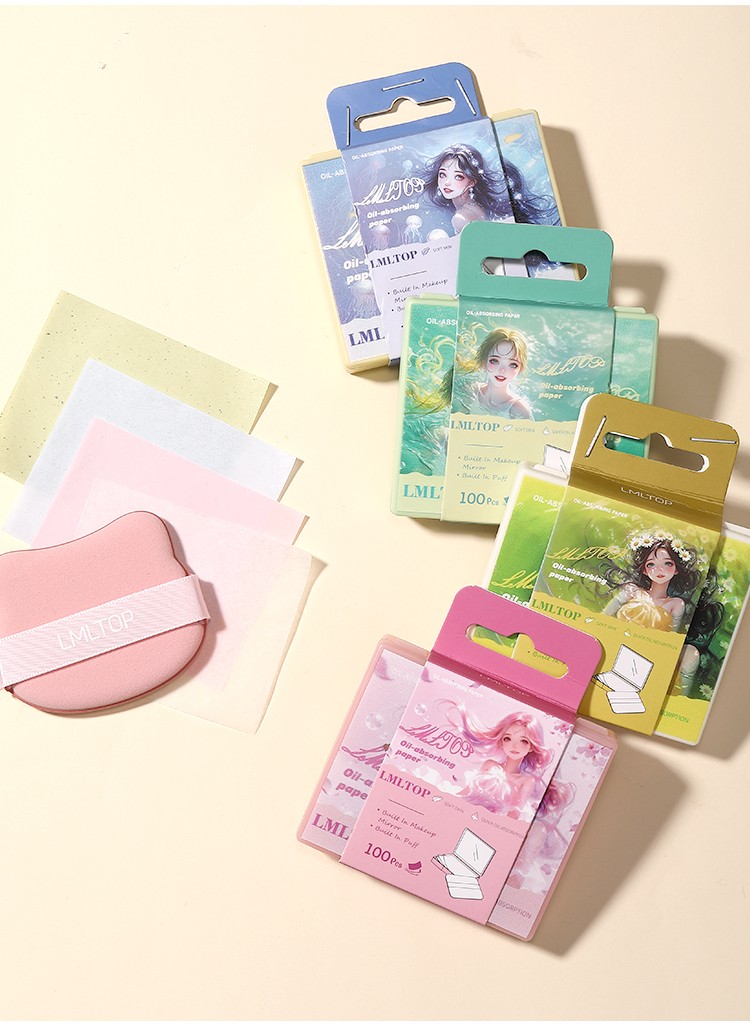 Facial Oil Control Paper with Mirror and Powder Puff 100Pcs Blotting Paper Absorbent Sheets for Oily Skin Shine Removal Travel Y006