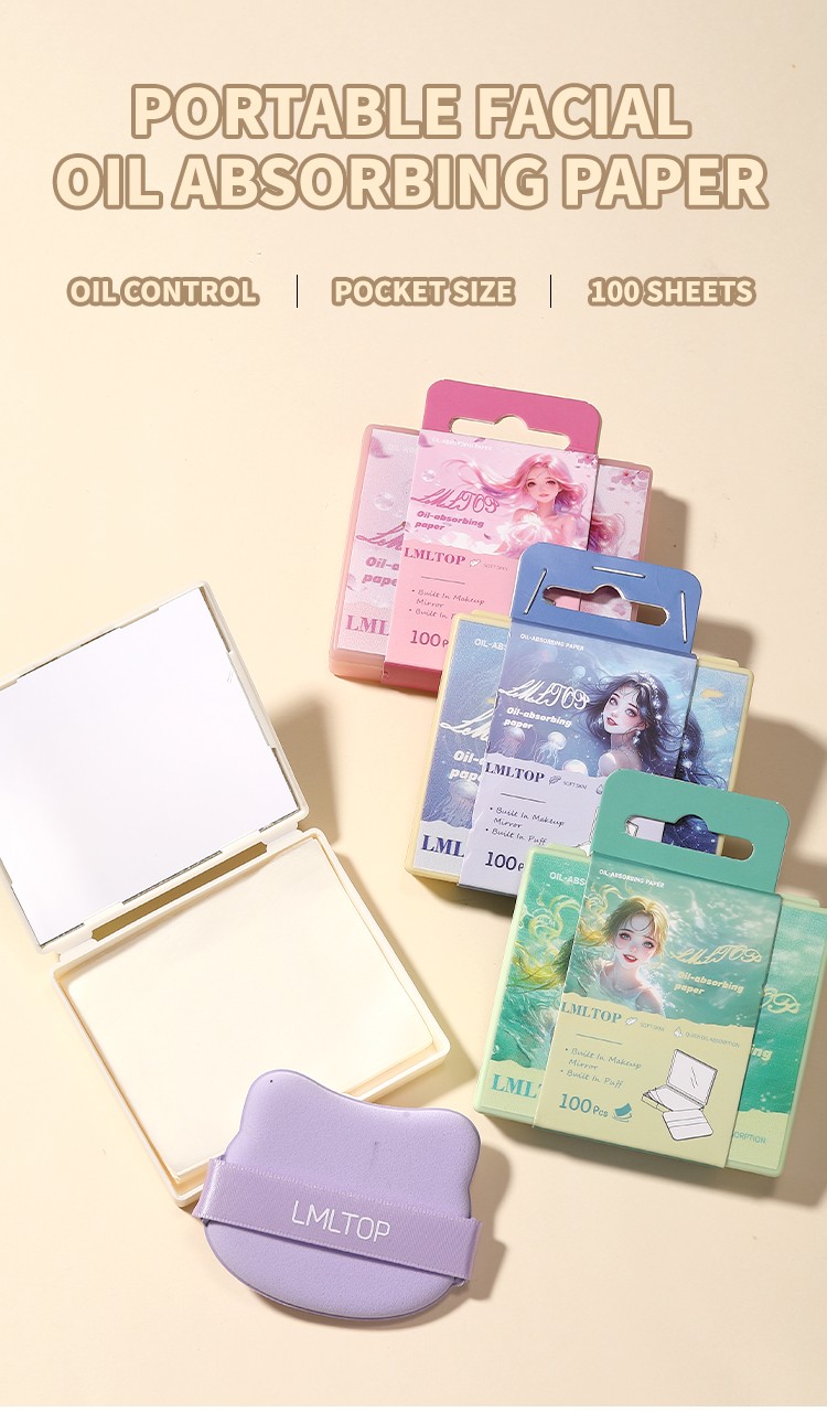 Facial Oil Control Paper with Mirror and Powder Puff 100Pcs Blotting Paper Absorbent Sheets for Oily Skin Shine Removal Travel Y006