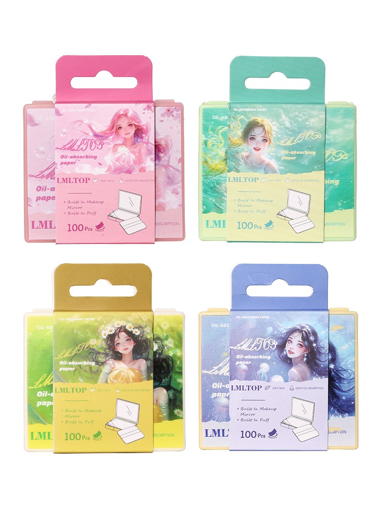 Facial Oil Control Paper with Mirror and Powder Puff 100Pcs Blotting Paper Absorbent Sheets for Oily Skin Shine Removal Travel Y006