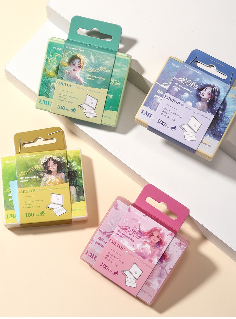 Facial Oil Control Paper with Mirror and Powder Puff 100Pcs Blotting Paper Absorbent Sheets for Oily Skin Shine Removal Travel Y006