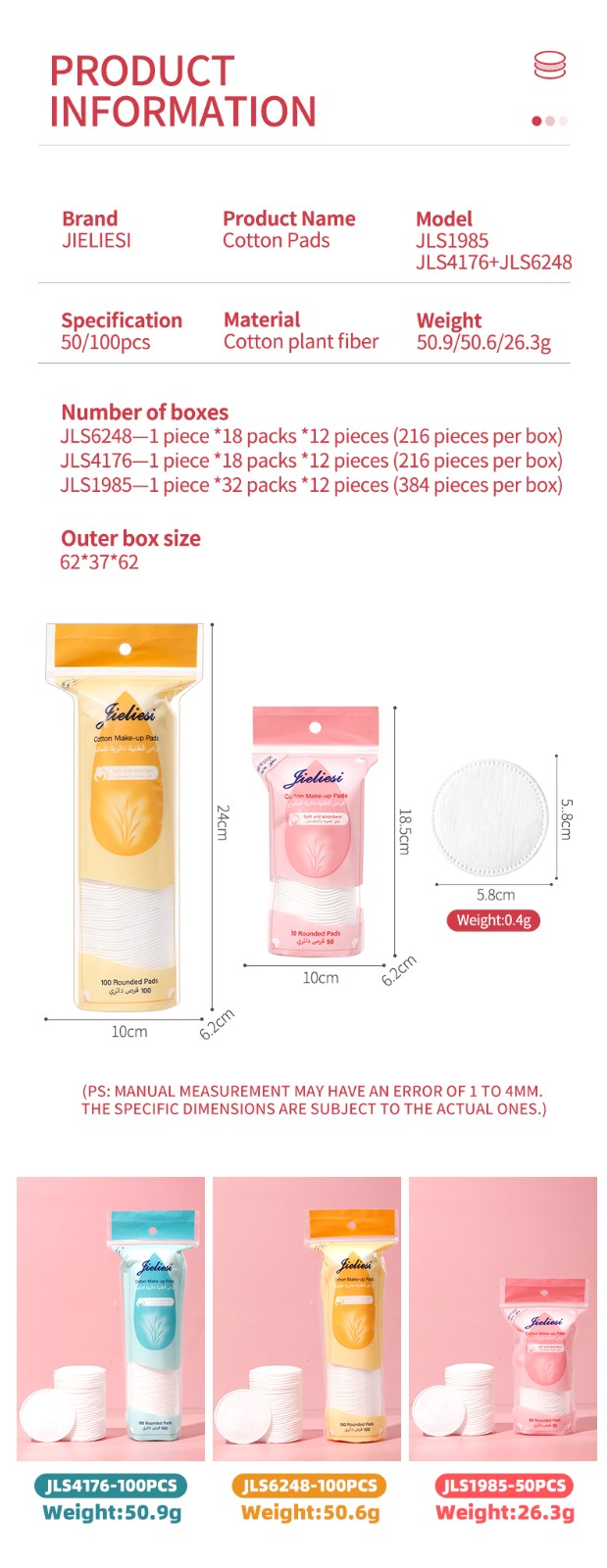 Jieliesi Wholesale Cotton Make-up Pads Round Shape Soft Absorbing Facial Cleansing Pads Disposable Makeup Remover Cotton Pads JLS4176 JLS6248 JLS1985