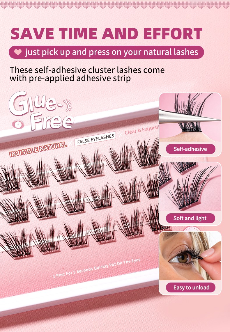 Self Adhesive Eyelashes Reusable No Glue Lashes Reusable Waterproof No Glue Press-On Eyelash Strips Clusters for Makeup Beginner Y092