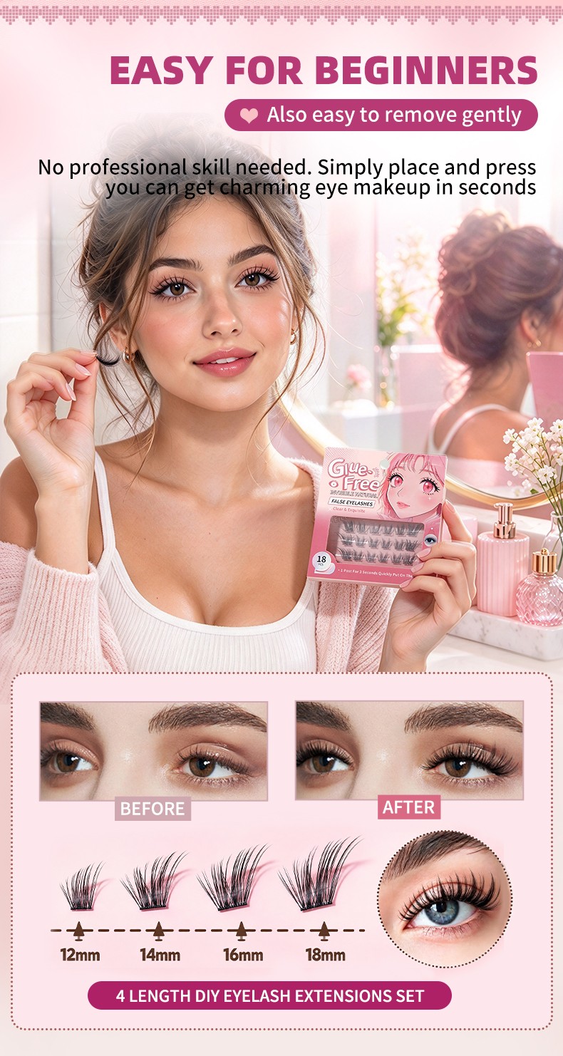 Self Adhesive Eyelashes Reusable No Glue Lashes Reusable Waterproof No Glue Press-On Eyelash Strips Clusters for Makeup Beginner Y092