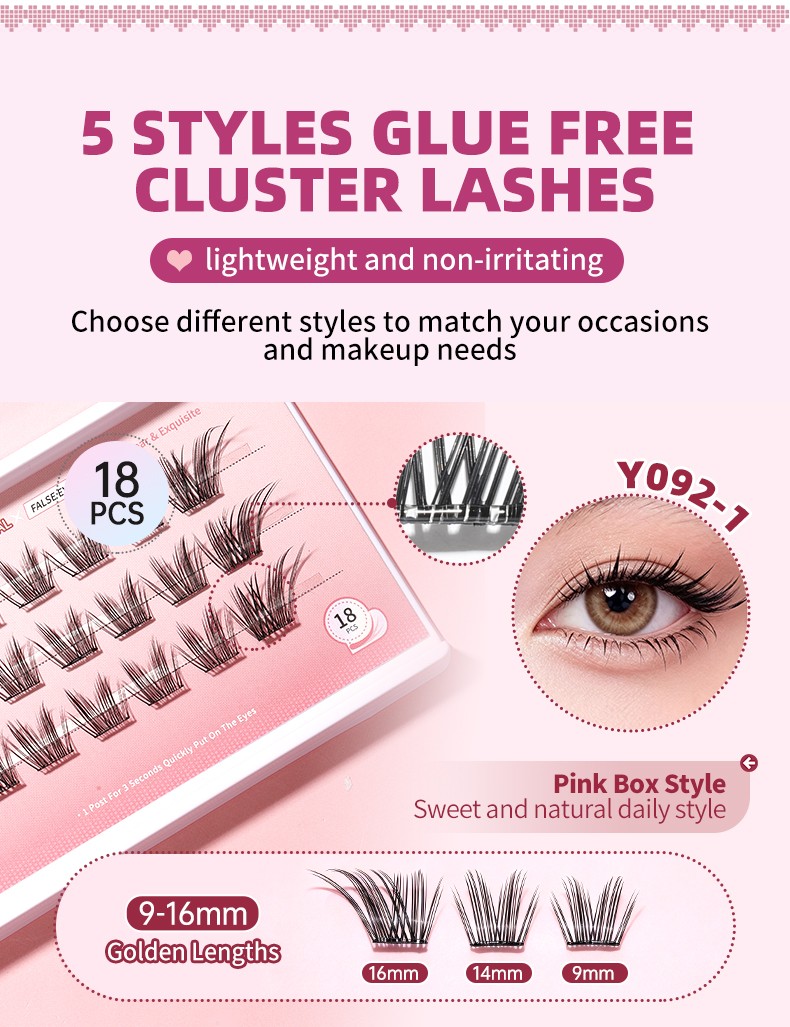 Self Adhesive Eyelashes Reusable No Glue Lashes Reusable Waterproof No Glue Press-On Eyelash Strips Clusters for Makeup Beginner Y092
