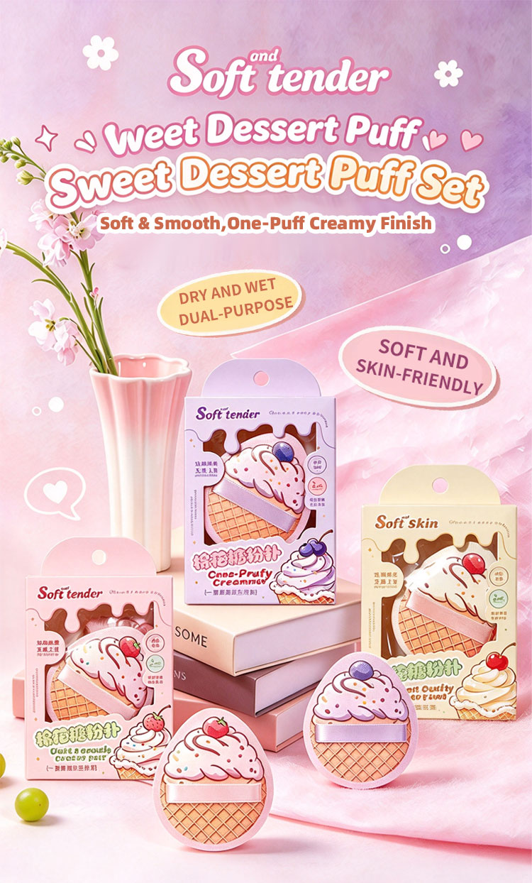 LMLTOP Hot Sale Cute Ice Cream Printed Makeup Puff Double Strap Marshmallow Foundation Powder Puff for Beauty Wholesale Price Y063