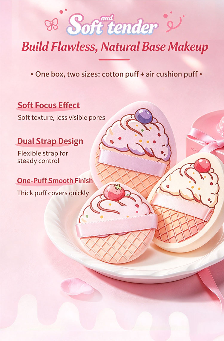 LMLTOP Hot Sale Cute Ice Cream Printed Makeup Puff Double Strap Marshmallow Foundation Powder Puff for Beauty Wholesale Price Y063