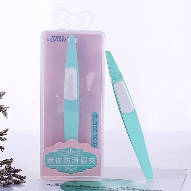 Lameila 2021 new arrvied sky blue eyebrow tweezers slanted stainless steel eyebrow clip with case A214