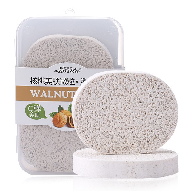 2 pieces / set Walnut soft face sponge moisturizing nourishing type facial cleansing sponge with case