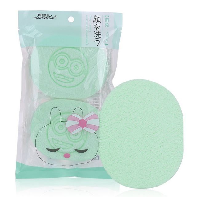 Lameila smile carton printing face care cleaning puff 2 pcs green hight quality face cleaning sponge B2195