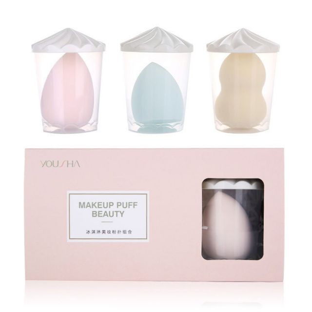Yousha 3pcs with box Custom Logo Packaging Beauty Cosmetic Pink Latex Free Microfiber Blender Foundation Makeup Sponge YF199