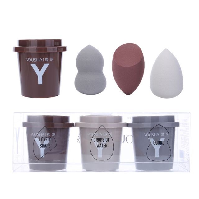 Yousha 3 In 1 Soft Different Shape Wet And Dry Dual Use Powder Puff Makeup Sponge Blender Set With Cap Case Storage Box Yf207