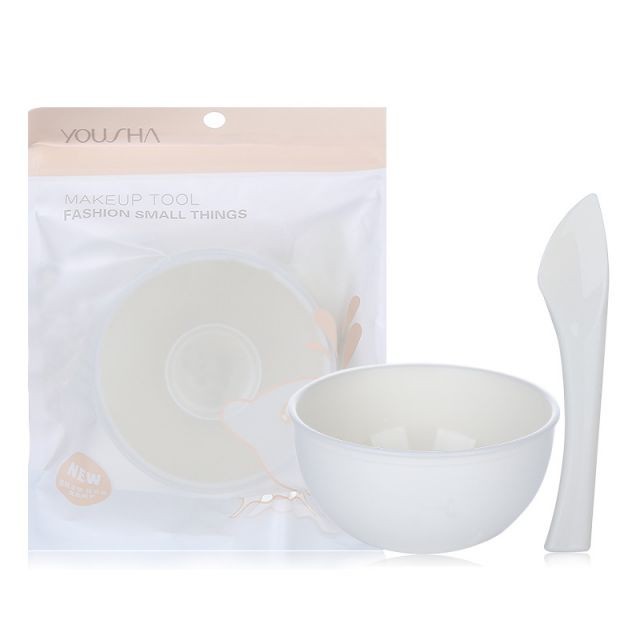 Yousha New 2 In 1 Beauty Makeup Plastic DIY Facial Face white Mask Mixing Bowl Set With Mask Brush YI011