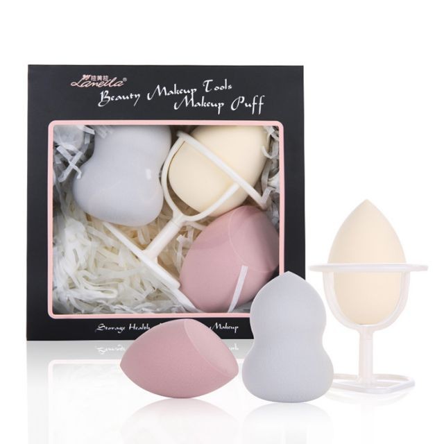 Lameila Cheap Price 4in1 Latex Free 3 Shapes Foundation Puff Sponges Set With Holder Beauty Makeup Sponge Blender A80148