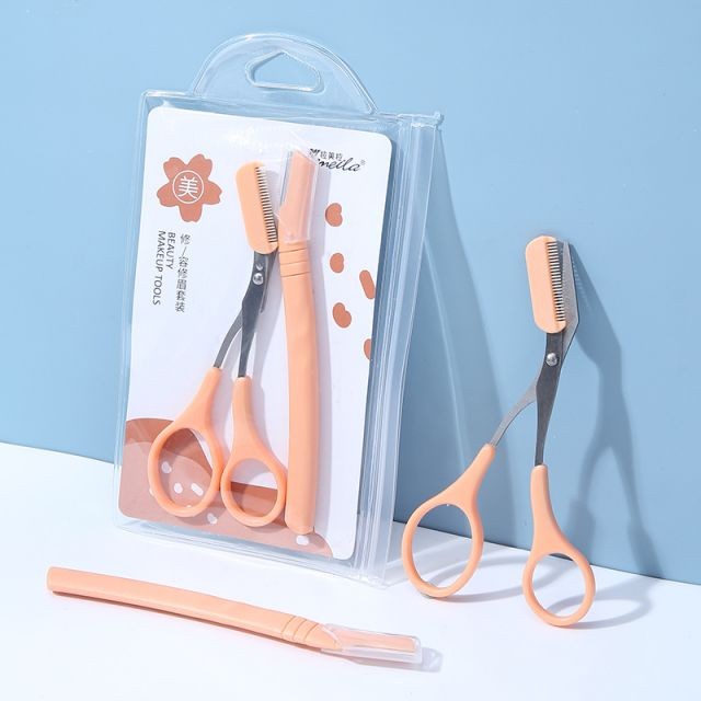 Lameila Eyebrow Razor Set 2 PCS Sharp Dermaplaning Eyebrow Trimming Kit Beauty Scissors With Mini Comb Orange Beauty Tools A966